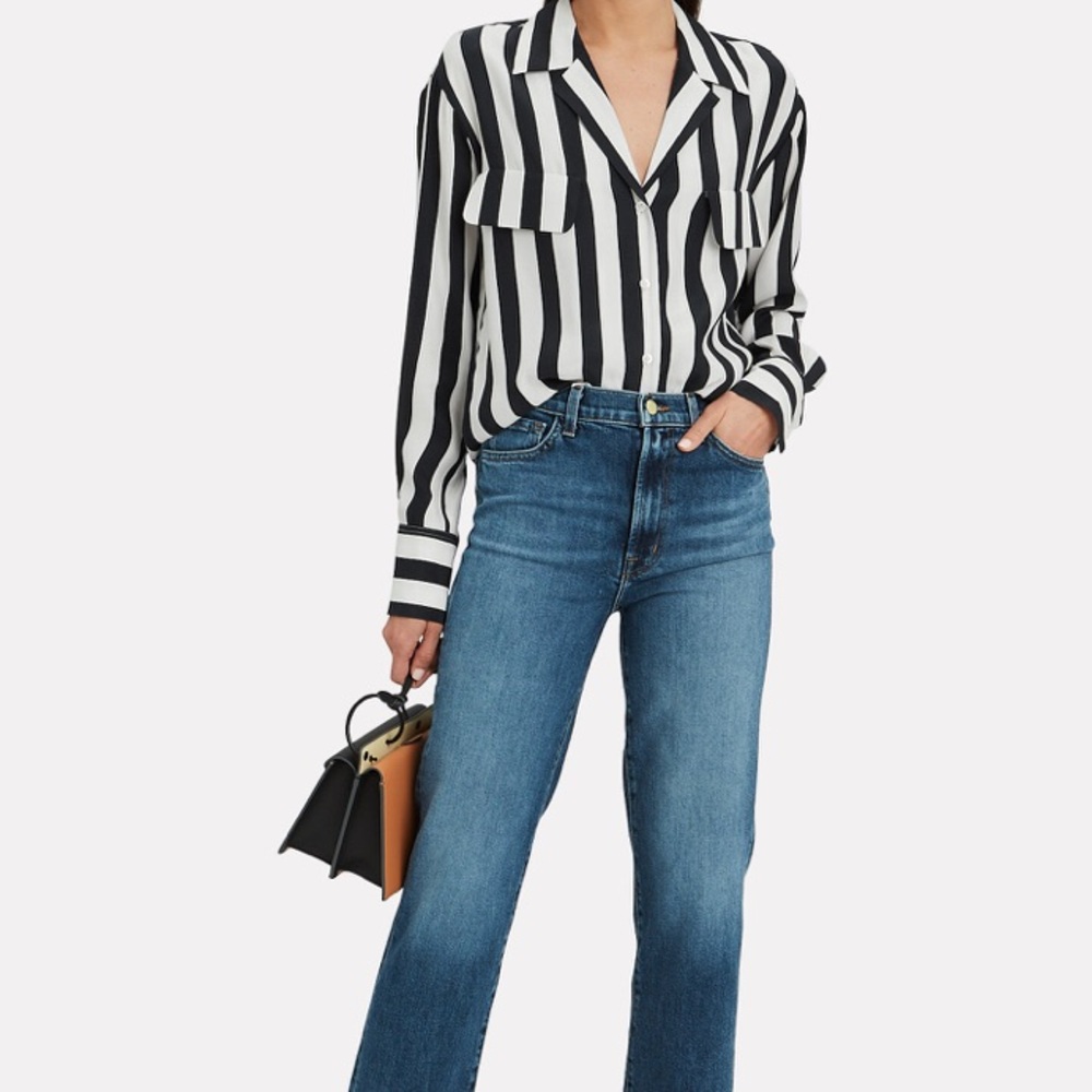 FRAME DENIM Silk Bold Striped Button Down Pocket Blouse - L